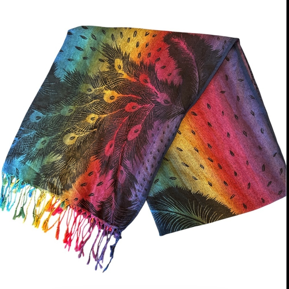 Peacock Feather Rainbow Pashmina Shawl Wrap Scarf Fringe Size OS - Picture 3 of 11